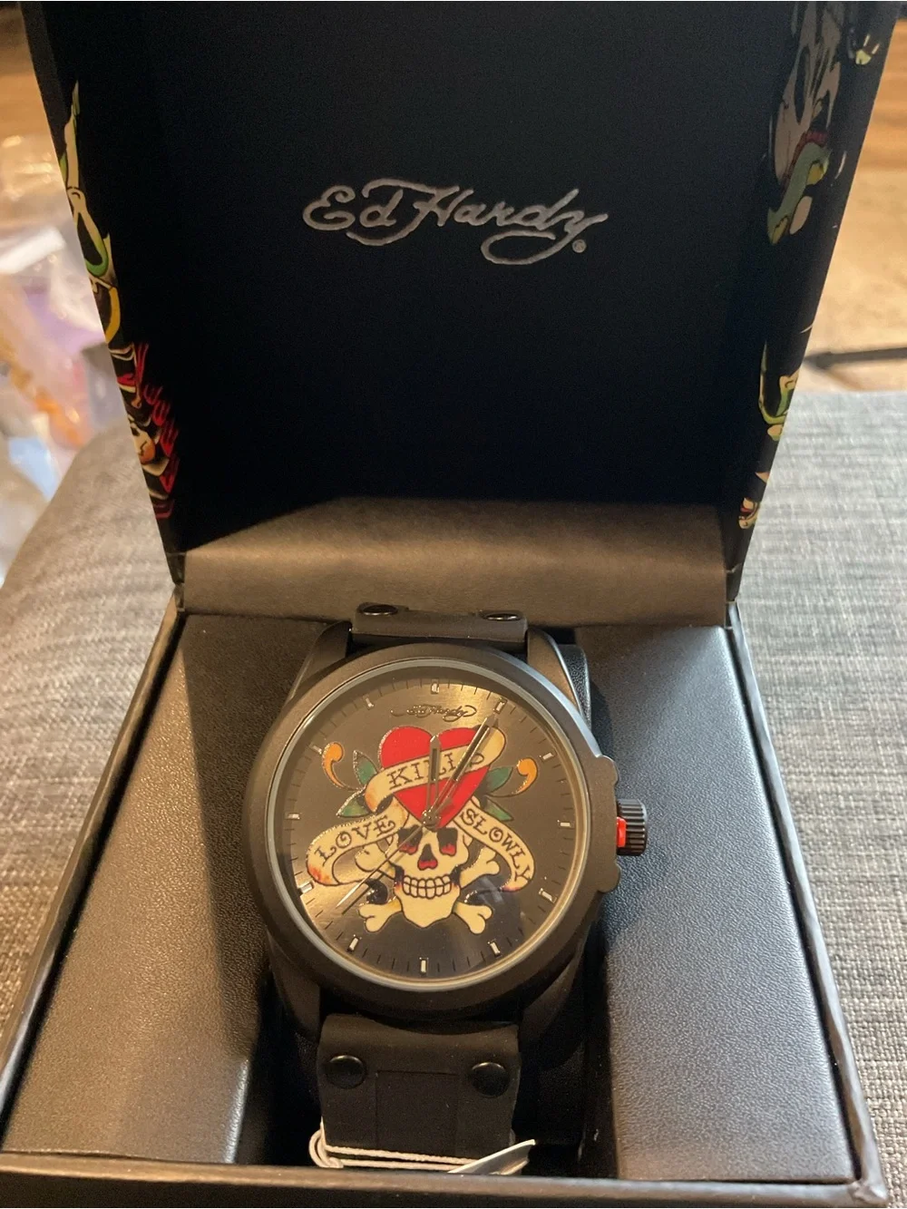 Ed Hardy Men’s Matte Black Silicone Strap Watch 46mm – NIB Love Kills Slowly